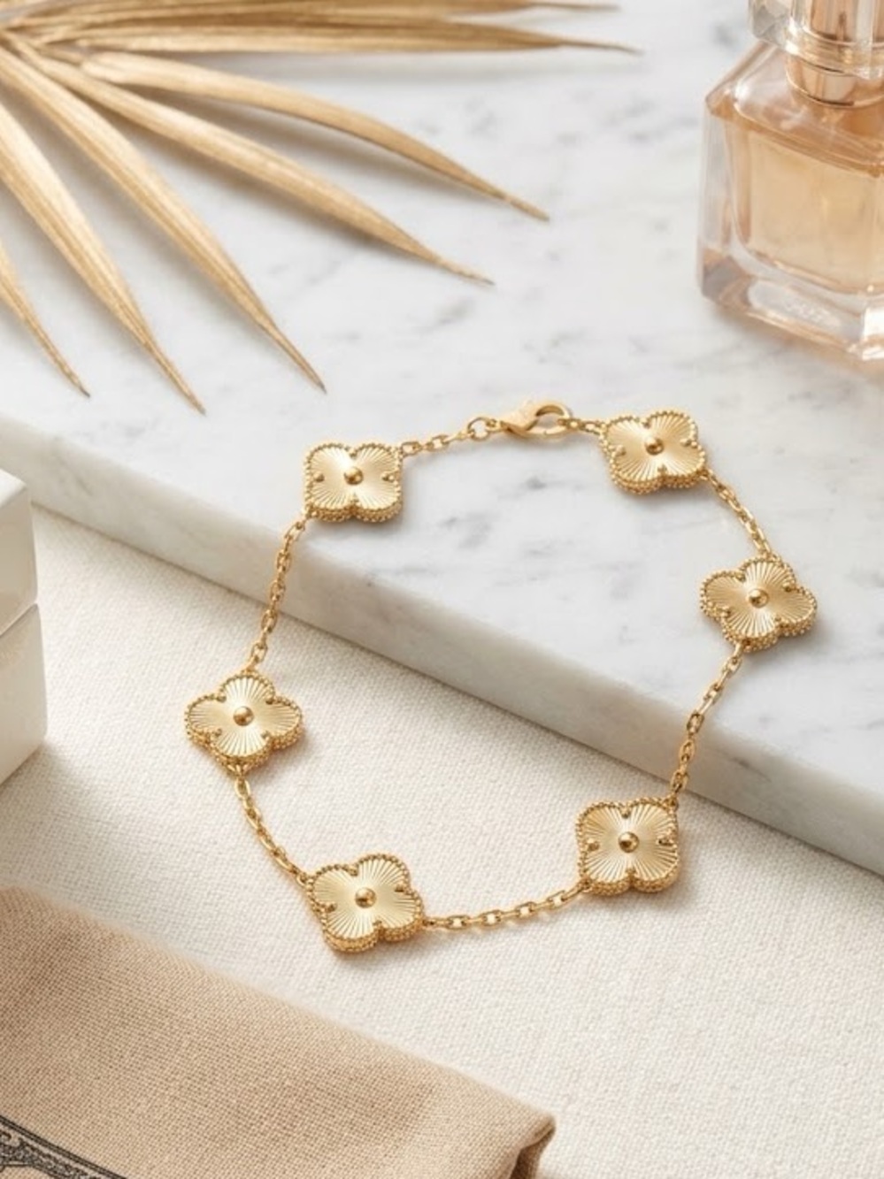 Gold Tone 5 Motif Clover Chain Bracelet | Stainless Steel | 7.5" + Extender